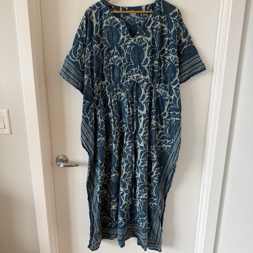 Anokhi East Long Maxi Kaftan One Size Blue Indigo Block Printed Boho Cotton EUC